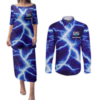 Snake and Bowling Ball Design Couples Matching Puletasi and Long Sleeve Button Shirt with Lightning Background and Custom Team Name Text - Wonder Print Shop