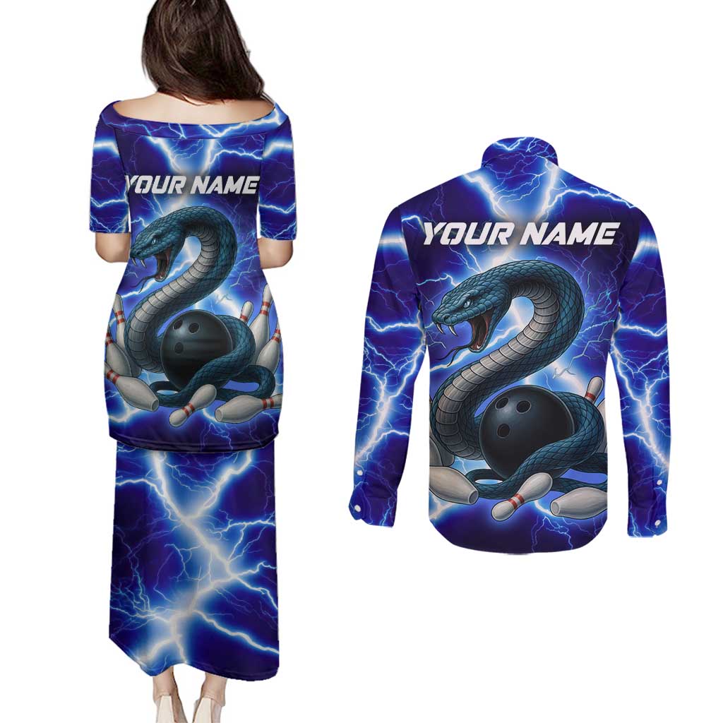 Snake and Bowling Ball Design Couples Matching Puletasi and Long Sleeve Button Shirt with Lightning Background and Custom Team Name Text - Wonder Print Shop