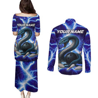 Snake and Bowling Ball Design Couples Matching Puletasi and Long Sleeve Button Shirt with Lightning Background and Custom Team Name Text - Wonder Print Shop