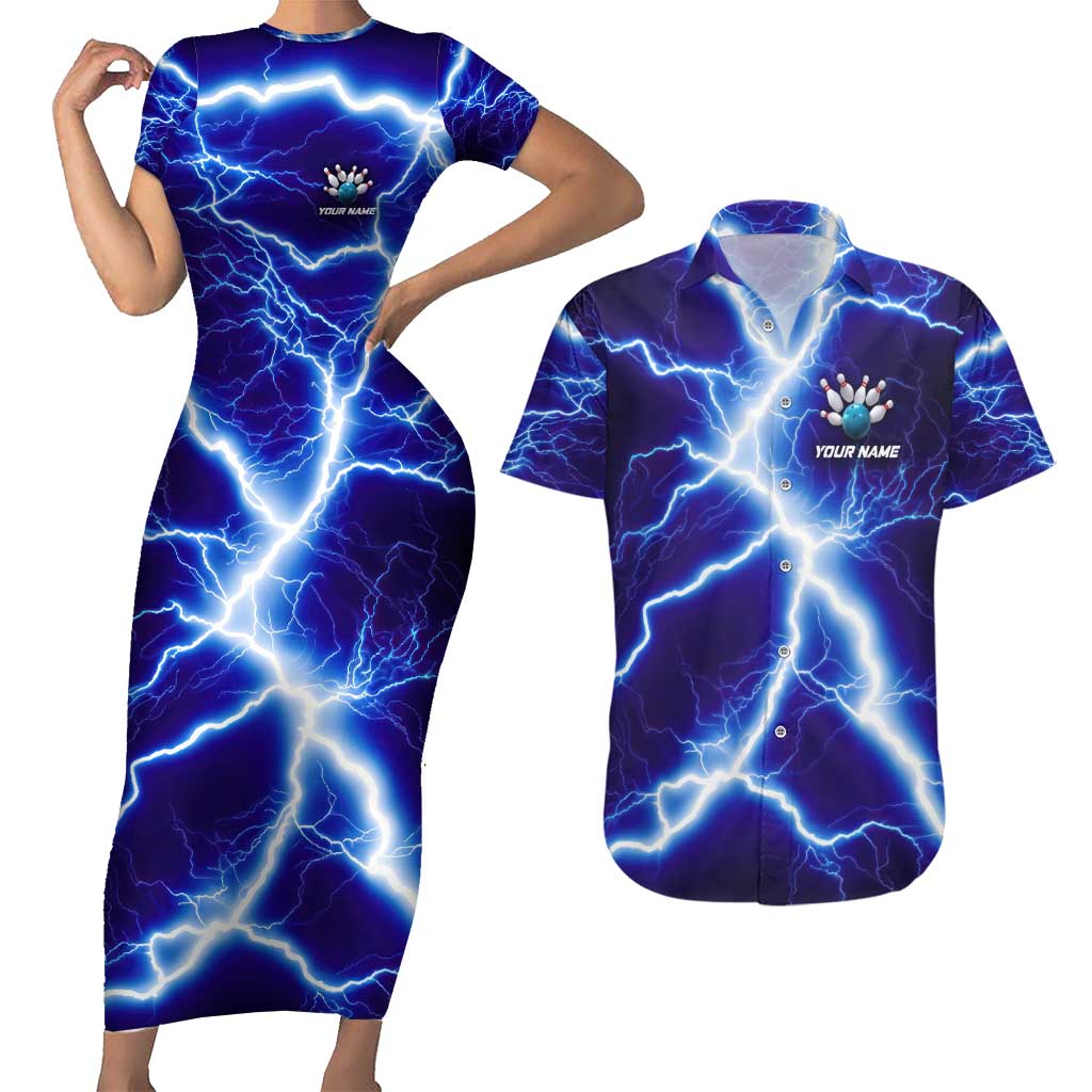 Snake and Bowling Ball Design Couples Matching Short Sleeve Bodycon Dress and Hawaiian Shirt with Lightning Background and Custom Team Name Text - Wonder Print Shop