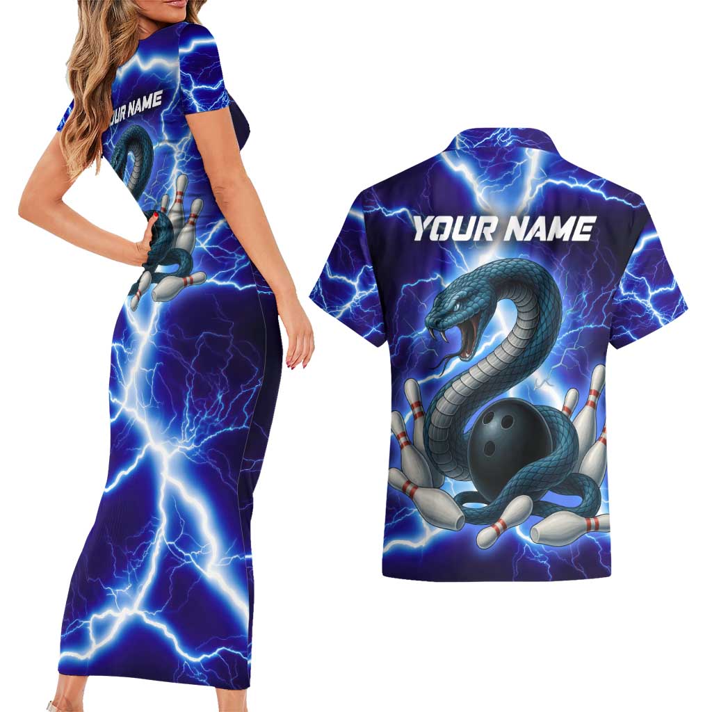 Snake and Bowling Ball Design Couples Matching Short Sleeve Bodycon Dress and Hawaiian Shirt with Lightning Background and Custom Team Name Text - Wonder Print Shop