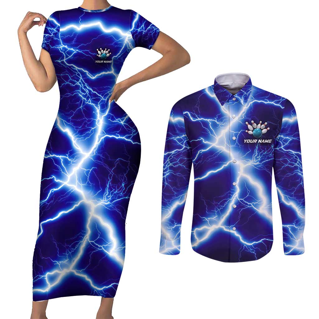 Snake and Bowling Ball Design Couples Matching Short Sleeve Bodycon Dress and Long Sleeve Button Shirt with Lightning Background and Custom Team Name Text - Wonder Print Shop