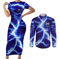 Snake and Bowling Ball Design Couples Matching Short Sleeve Bodycon Dress and Long Sleeve Button Shirt with Lightning Background and Custom Team Name Text - Wonder Print Shop