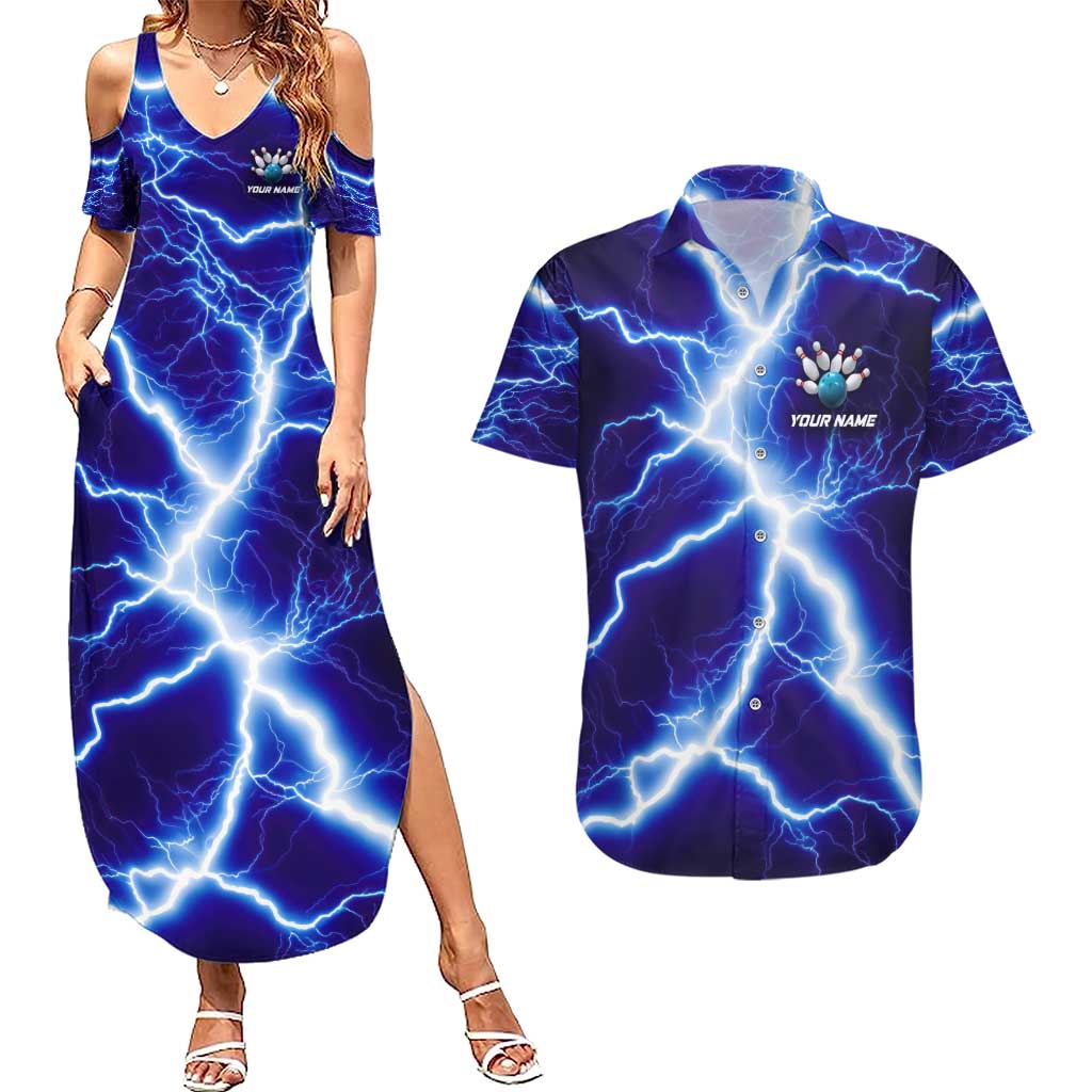 Snake and Bowling Ball Design Couples Matching Summer Maxi Dress and Hawaiian Shirt with Lightning Background and Custom Team Name Text - Wonder Print Shop