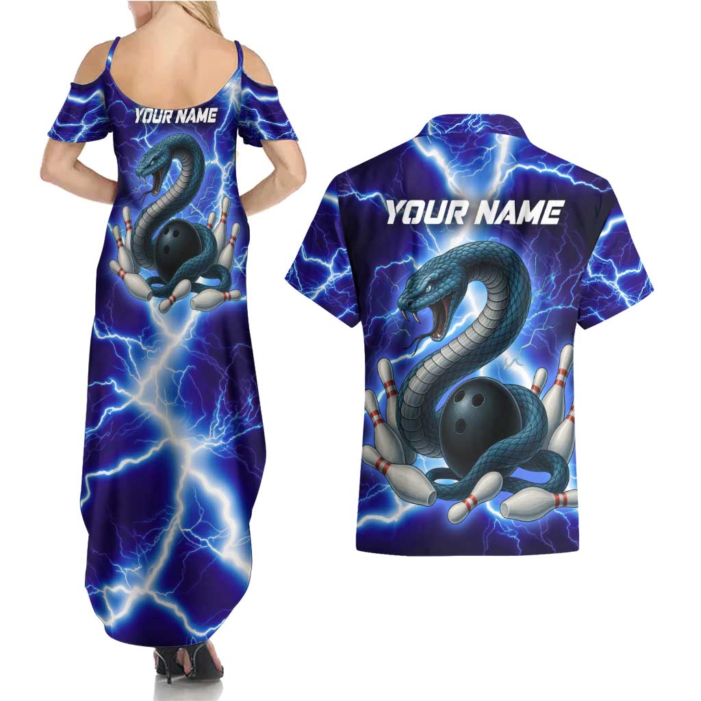 Snake and Bowling Ball Design Couples Matching Summer Maxi Dress and Hawaiian Shirt with Lightning Background and Custom Team Name Text - Wonder Print Shop
