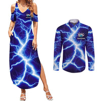 Snake and Bowling Ball Design Couples Matching Summer Maxi Dress and Long Sleeve Button Shirt with Lightning Background and Custom Team Name Text - Wonder Print Shop