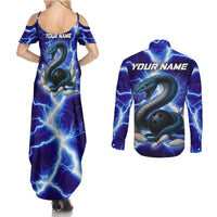 Snake and Bowling Ball Design Couples Matching Summer Maxi Dress and Long Sleeve Button Shirt with Lightning Background and Custom Team Name Text - Wonder Print Shop