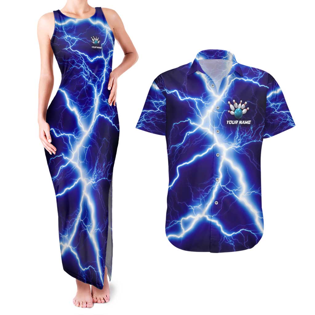 Snake and Bowling Ball Design Couples Matching Tank Maxi Dress and Hawaiian Shirt with Lightning Background and Custom Team Name Text - Wonder Print Shop