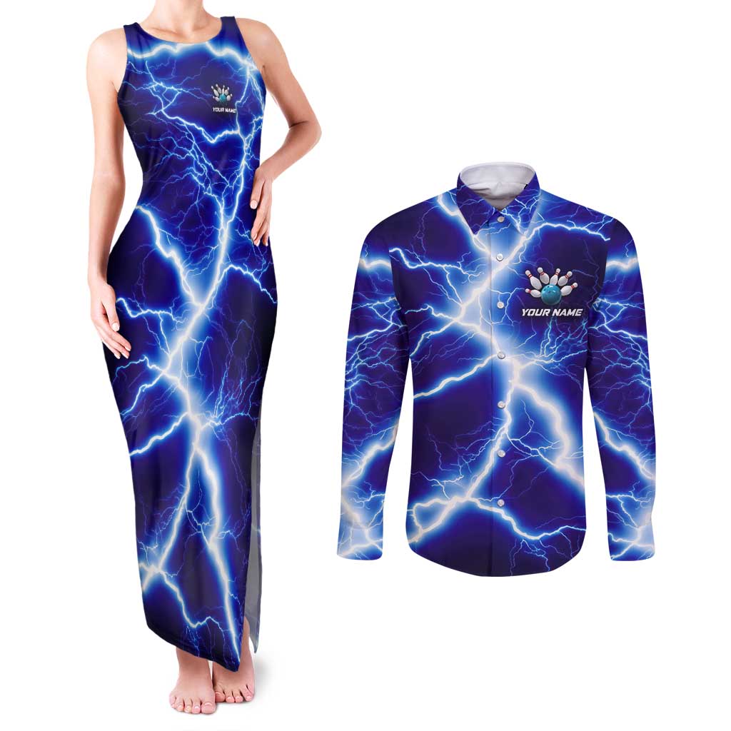 Snake and Bowling Ball Design Couples Matching Tank Maxi Dress and Long Sleeve Button Shirt with Lightning Background and Custom Team Name Text - Wonder Print Shop
