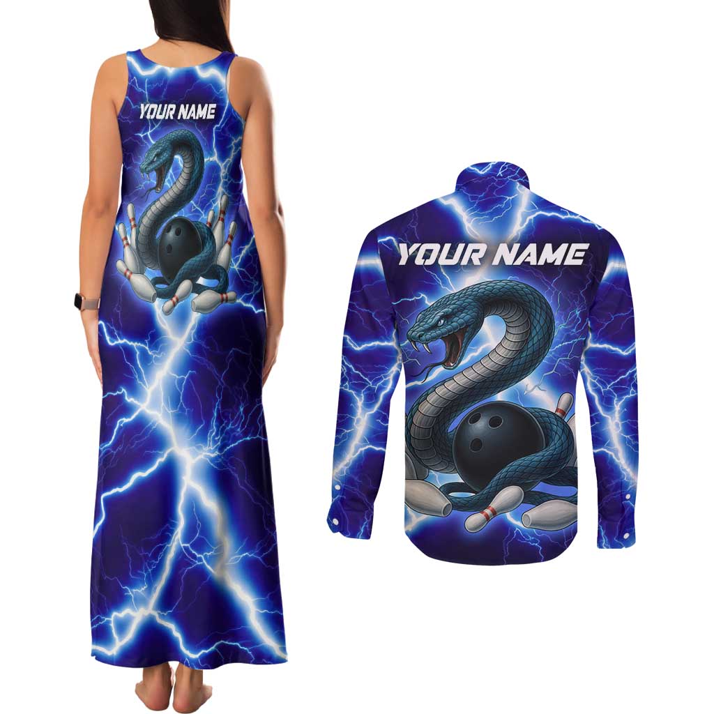 Snake and Bowling Ball Design Couples Matching Tank Maxi Dress and Long Sleeve Button Shirt with Lightning Background and Custom Team Name Text - Wonder Print Shop