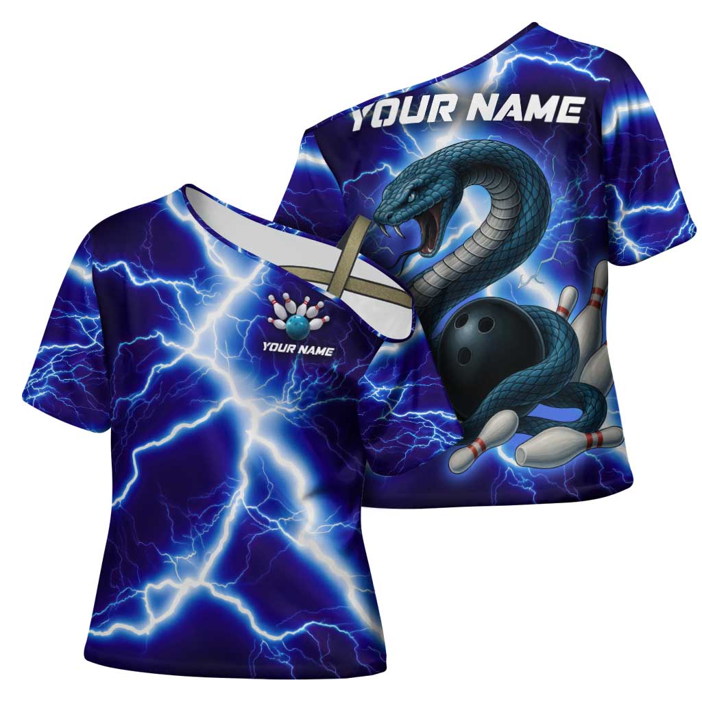 Snake and Bowling Ball Design Cross Shoulder Shirt with Lightning Background and Custom Team Name Text - Wonder Print Shop