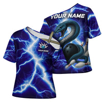 Snake and Bowling Ball Design Cross Shoulder Shirt with Lightning Background and Custom Team Name Text - Wonder Print Shop