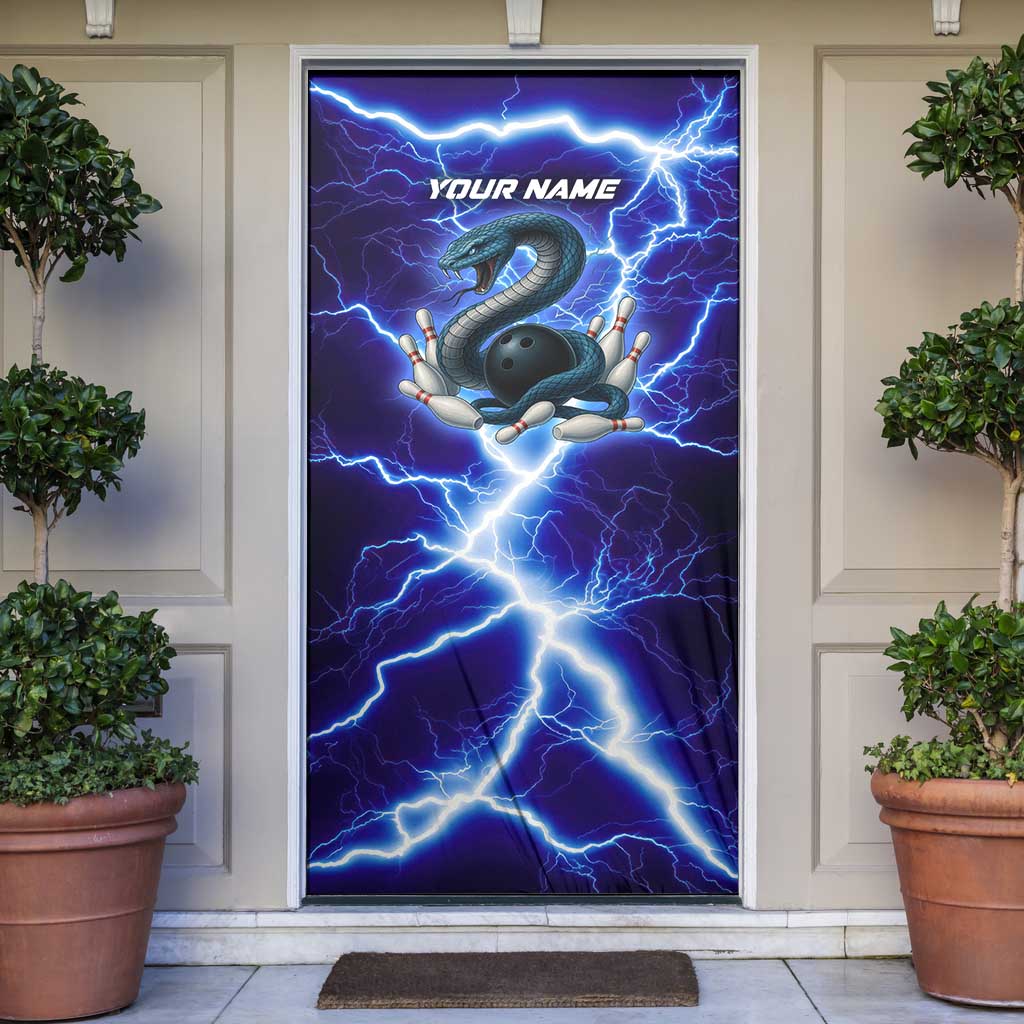 Snake and Bowling Ball Design Door Cover with Lightning Background and Custom Team Name Text - Wonder Print Shop