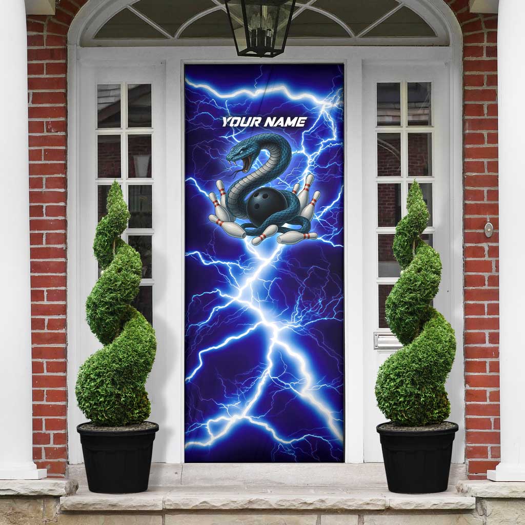 Snake and Bowling Ball Design Door Cover with Lightning Background and Custom Team Name Text - Wonder Print Shop