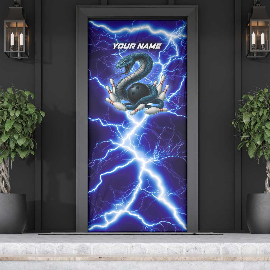 Snake and Bowling Ball Design Door Cover with Lightning Background and Custom Team Name Text - Wonder Print Shop