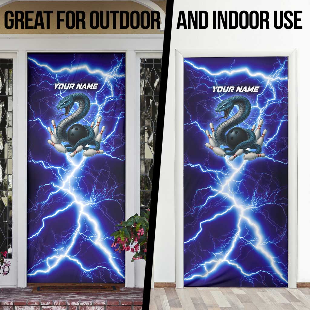 Snake and Bowling Ball Design Door Cover with Lightning Background and Custom Team Name Text - Wonder Print Shop