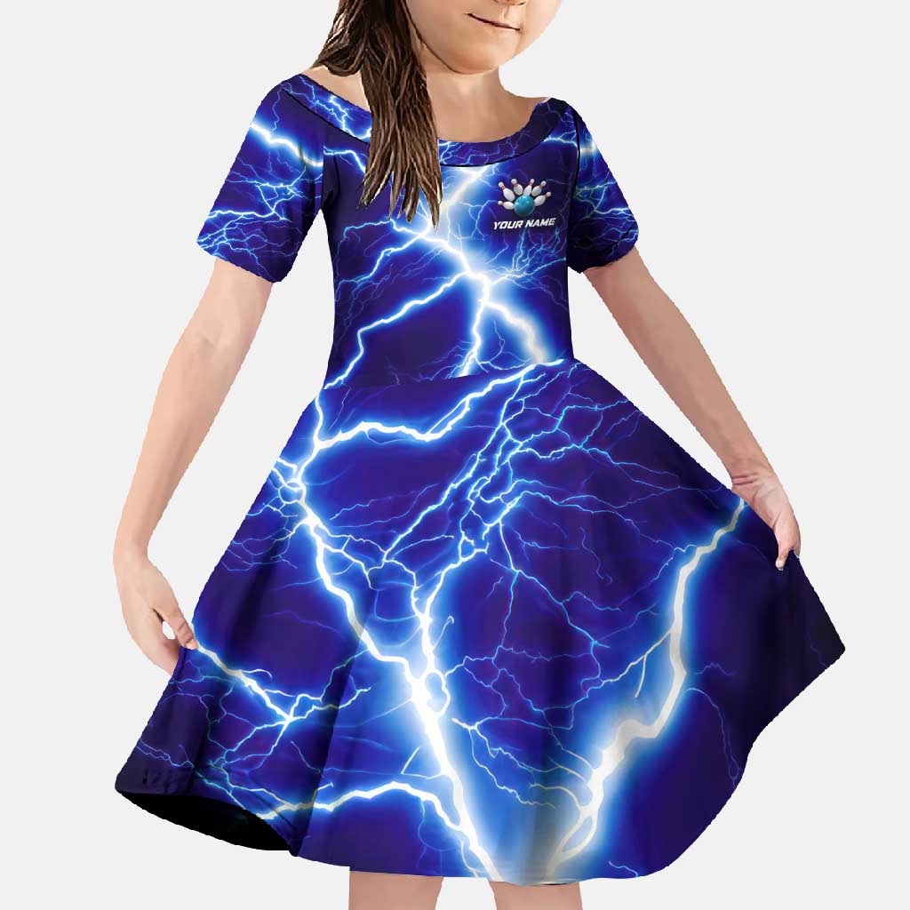Snake and Bowling Ball Design Family Matching Long Sleeve Bodycon Dress and Hawaiian Shirt with Lightning Background and Custom Team Name Text - Wonder Print Shop