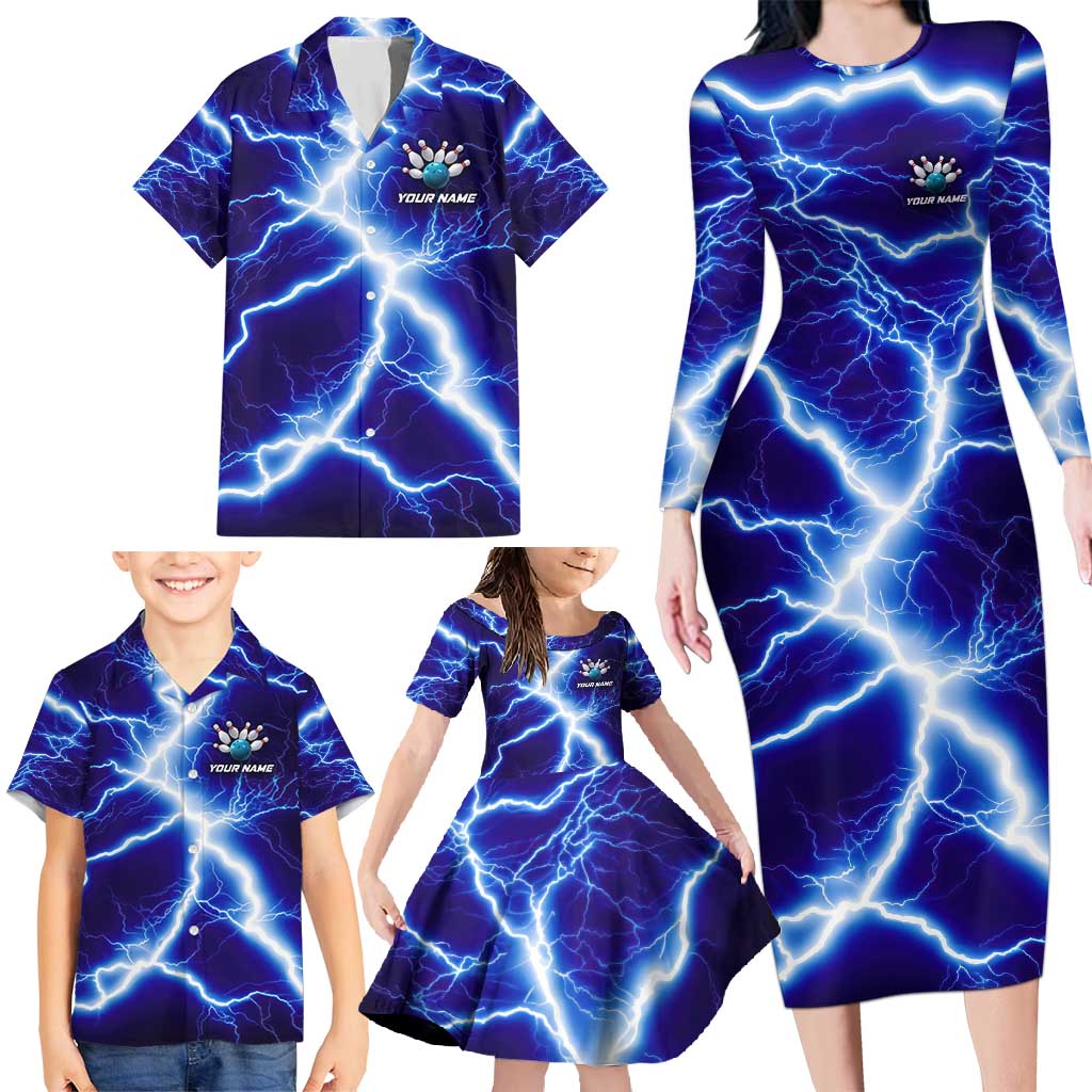 Snake and Bowling Ball Design Family Matching Long Sleeve Bodycon Dress and Hawaiian Shirt with Lightning Background and Custom Team Name Text - Wonder Print Shop