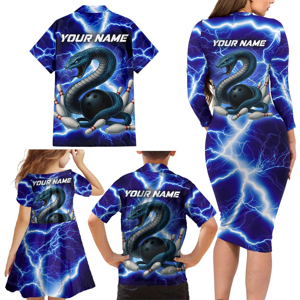 Snake and Bowling Ball Design Family Matching Long Sleeve Bodycon Dress and Hawaiian Shirt with Lightning Background and Custom Team Name Text - Wonder Print Shop