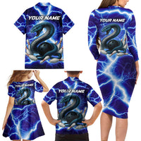 Snake and Bowling Ball Design Family Matching Long Sleeve Bodycon Dress and Hawaiian Shirt with Lightning Background and Custom Team Name Text - Wonder Print Shop