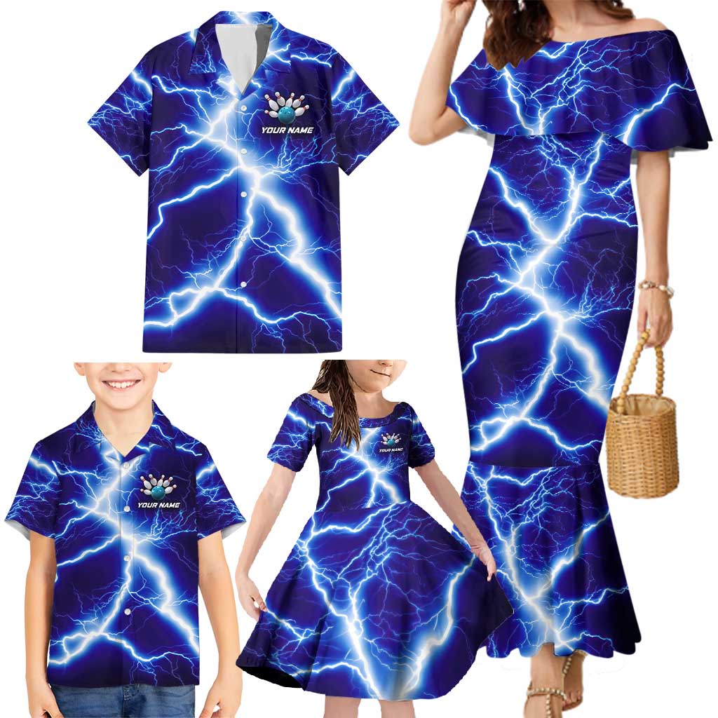 Snake and Bowling Ball Design Family Matching Mermaid Dress and Hawaiian Shirt with Lightning Background and Custom Team Name Text - Wonder Print Shop