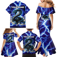 Snake and Bowling Ball Design Family Matching Mermaid Dress and Hawaiian Shirt with Lightning Background and Custom Team Name Text - Wonder Print Shop