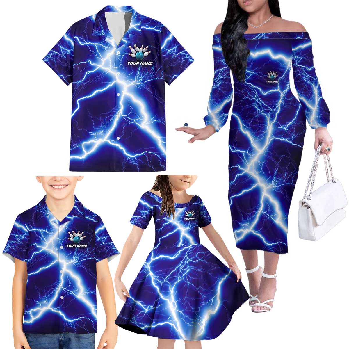 Snake and Bowling Ball Design Family Matching Off The Shoulder Long Sleeve Dress and Hawaiian Shirt with Lightning Background and Custom Team Name Text - Wonder Print Shop