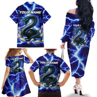Snake and Bowling Ball Design Family Matching Off The Shoulder Long Sleeve Dress and Hawaiian Shirt with Lightning Background and Custom Team Name Text - Wonder Print Shop