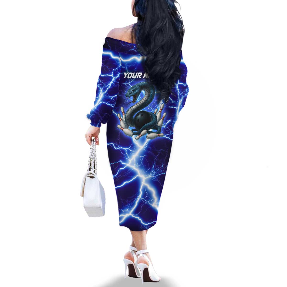 Snake and Bowling Ball Design Family Matching Off The Shoulder Long Sleeve Dress and Hawaiian Shirt with Lightning Background and Custom Team Name Text - Wonder Print Shop