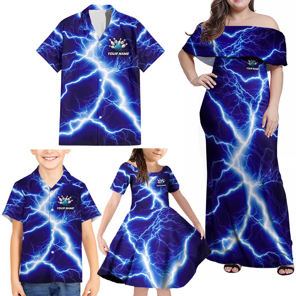 Snake and Bowling Ball Design Family Matching Off Shoulder Maxi Dress and Hawaiian Shirt with Lightning Background and Custom Team Name Text - undefined