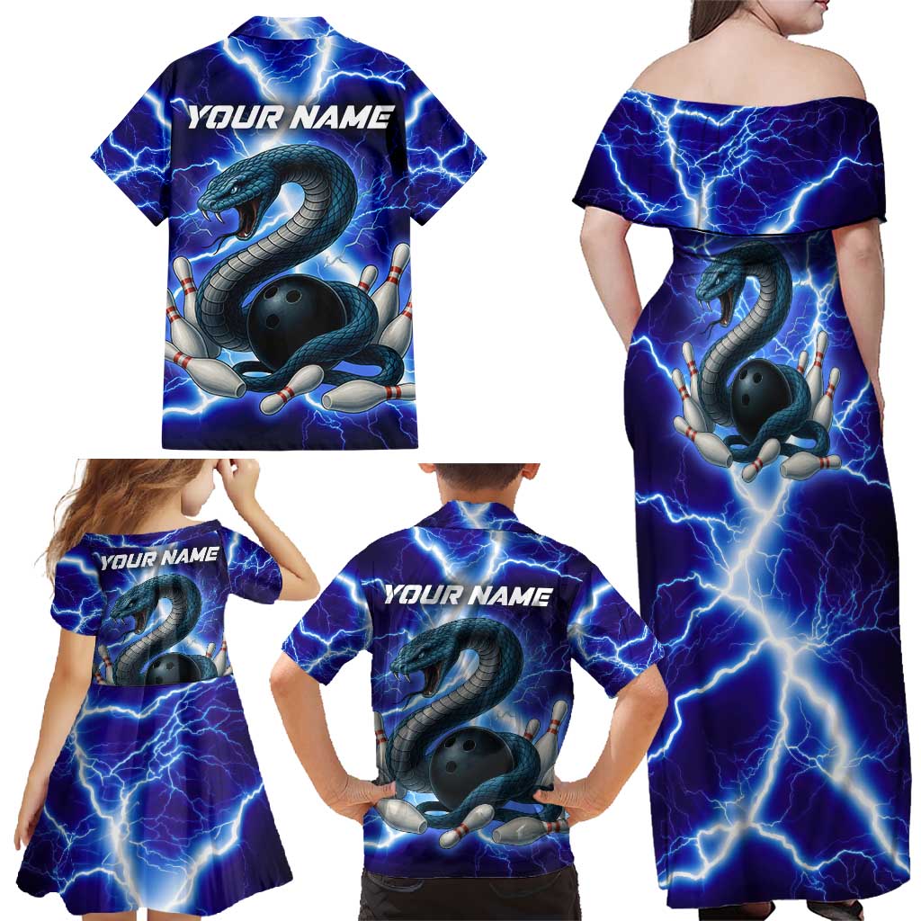 Snake and Bowling Ball Design Family Matching Off Shoulder Maxi Dress and Hawaiian Shirt with Lightning Background and Custom Team Name Text - undefined