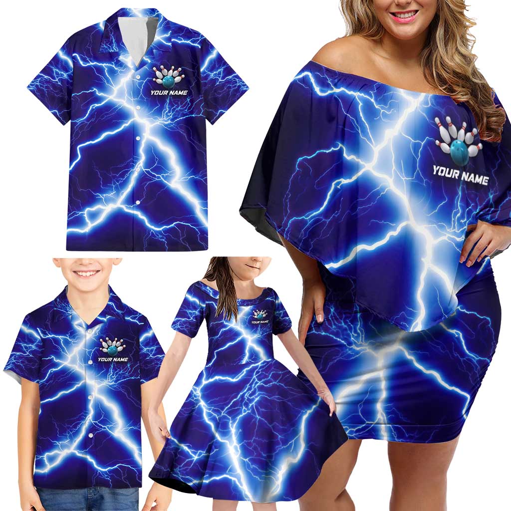 Snake and Bowling Ball Design Family Matching Off Shoulder Short Dress and Hawaiian Shirt with Lightning Background and Custom Team Name Text - Wonder Print Shop