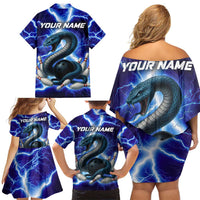 Snake and Bowling Ball Design Family Matching Off Shoulder Short Dress and Hawaiian Shirt with Lightning Background and Custom Team Name Text - Wonder Print Shop