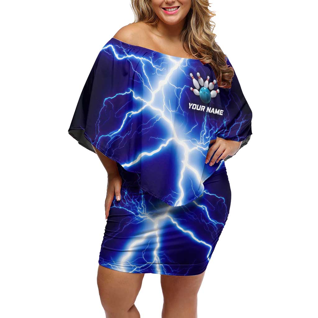 Snake and Bowling Ball Design Family Matching Off Shoulder Short Dress and Hawaiian Shirt with Lightning Background and Custom Team Name Text - Wonder Print Shop