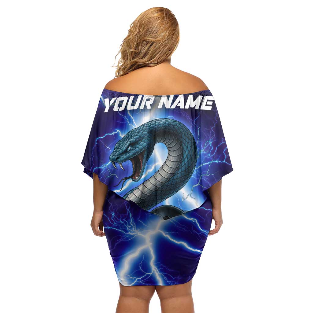 Snake and Bowling Ball Design Family Matching Off Shoulder Short Dress and Hawaiian Shirt with Lightning Background and Custom Team Name Text - Wonder Print Shop