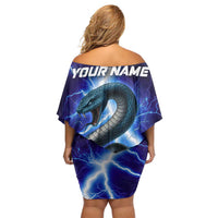 Snake and Bowling Ball Design Family Matching Off Shoulder Short Dress and Hawaiian Shirt with Lightning Background and Custom Team Name Text - Wonder Print Shop