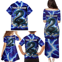 Snake and Bowling Ball Design Family Matching Puletasi and Hawaiian Shirt with Lightning Background and Custom Team Name Text - Wonder Print Shop