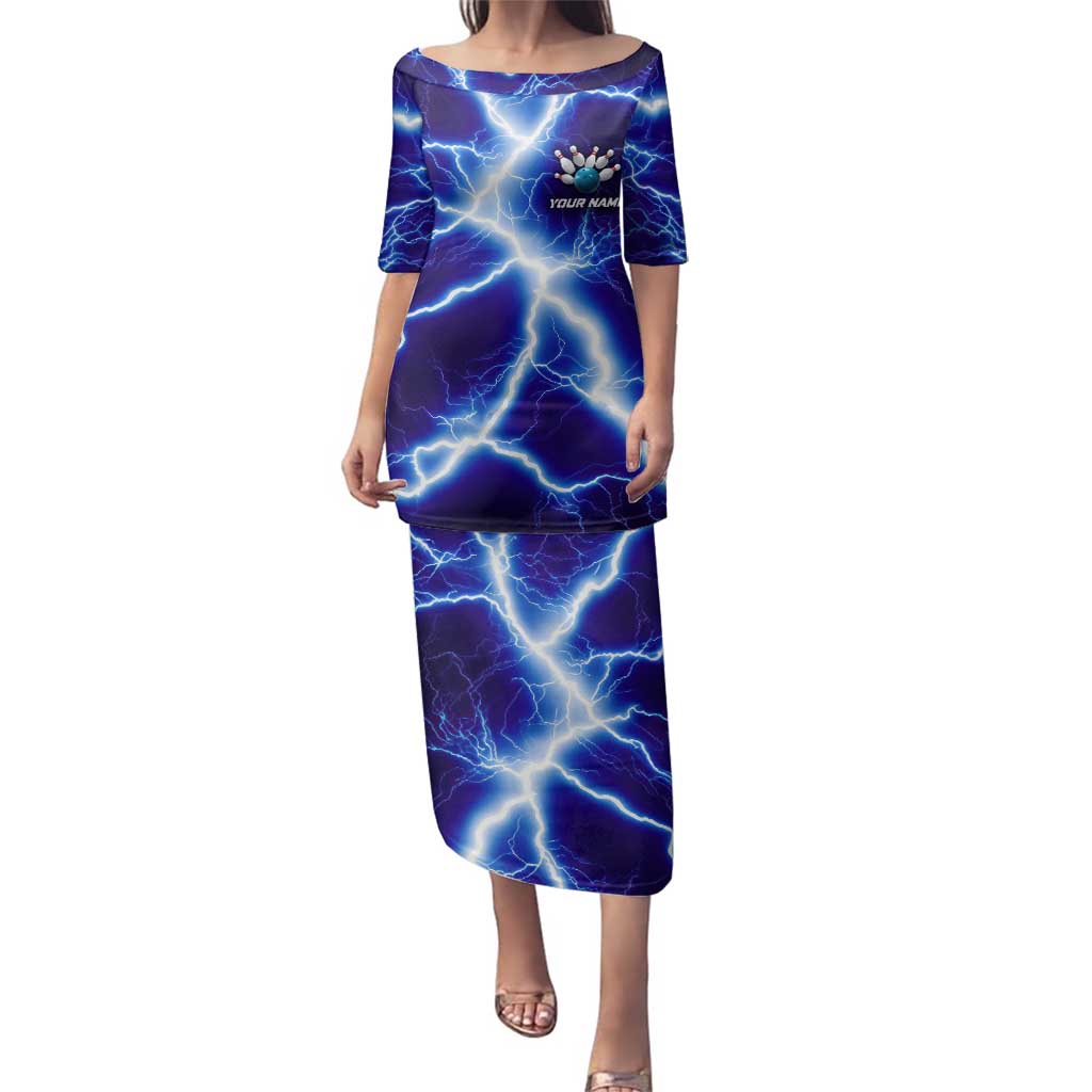 Snake and Bowling Ball Design Family Matching Puletasi and Hawaiian Shirt with Lightning Background and Custom Team Name Text - Wonder Print Shop