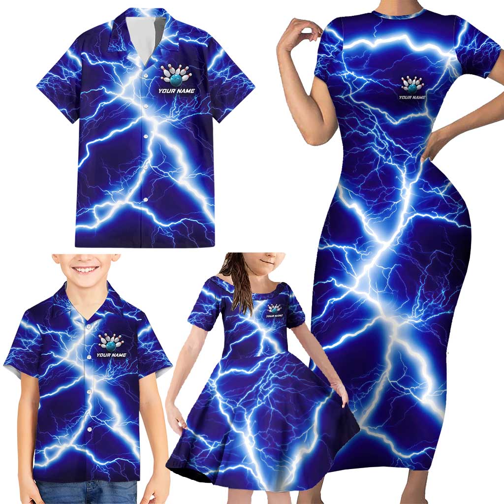 Snake and Bowling Ball Design Family Matching Short Sleeve Bodycon Dress and Hawaiian Shirt with Lightning Background and Custom Team Name Text - Wonder Print Shop