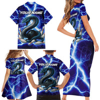 Snake and Bowling Ball Design Family Matching Short Sleeve Bodycon Dress and Hawaiian Shirt with Lightning Background and Custom Team Name Text - Wonder Print Shop