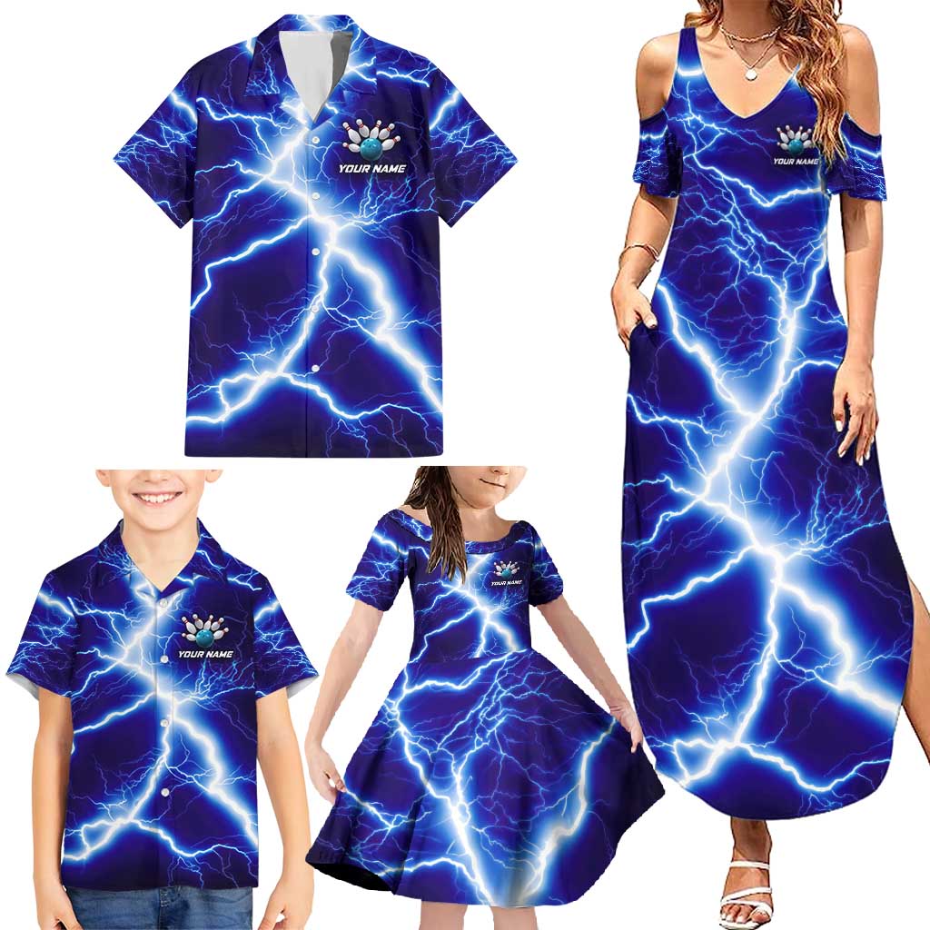 Snake and Bowling Ball Design Family Matching Summer Maxi Dress and Hawaiian Shirt with Lightning Background and Custom Team Name Text - Wonder Print Shop