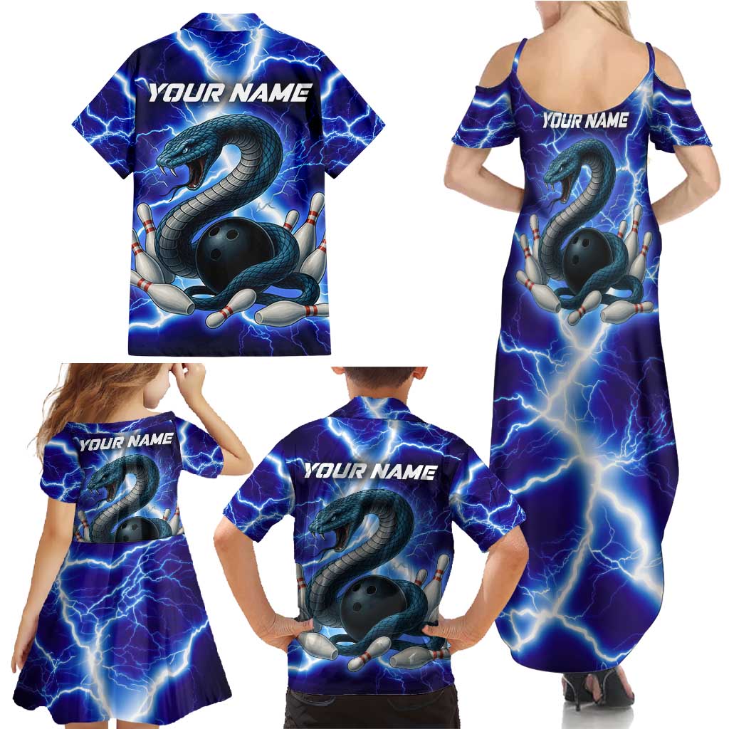 Snake and Bowling Ball Design Family Matching Summer Maxi Dress and Hawaiian Shirt with Lightning Background and Custom Team Name Text - Wonder Print Shop