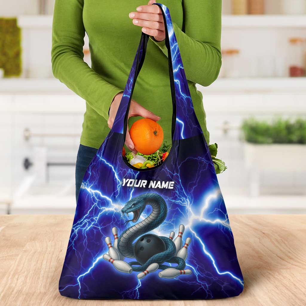 Snake and Bowling Ball Design Grocery Bag with Lightning Background and Custom Team Name Text - Wonder Print Shop