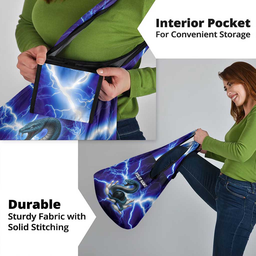 Snake and Bowling Ball Design Grocery Bag with Lightning Background and Custom Team Name Text - Wonder Print Shop