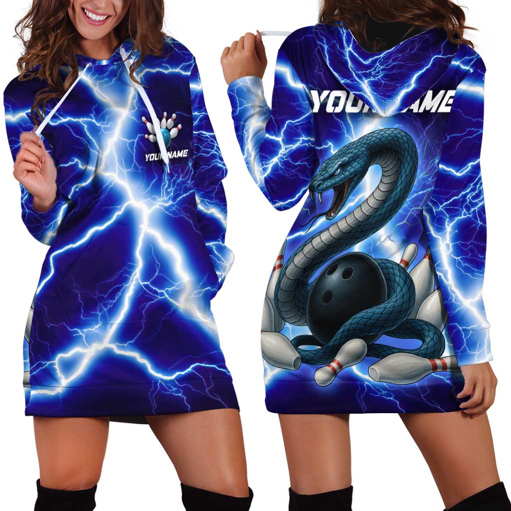 Snake and Bowling Ball Design Hoodie Dress with Lightning Background and Custom Team Name Text - Wonder Print Shop