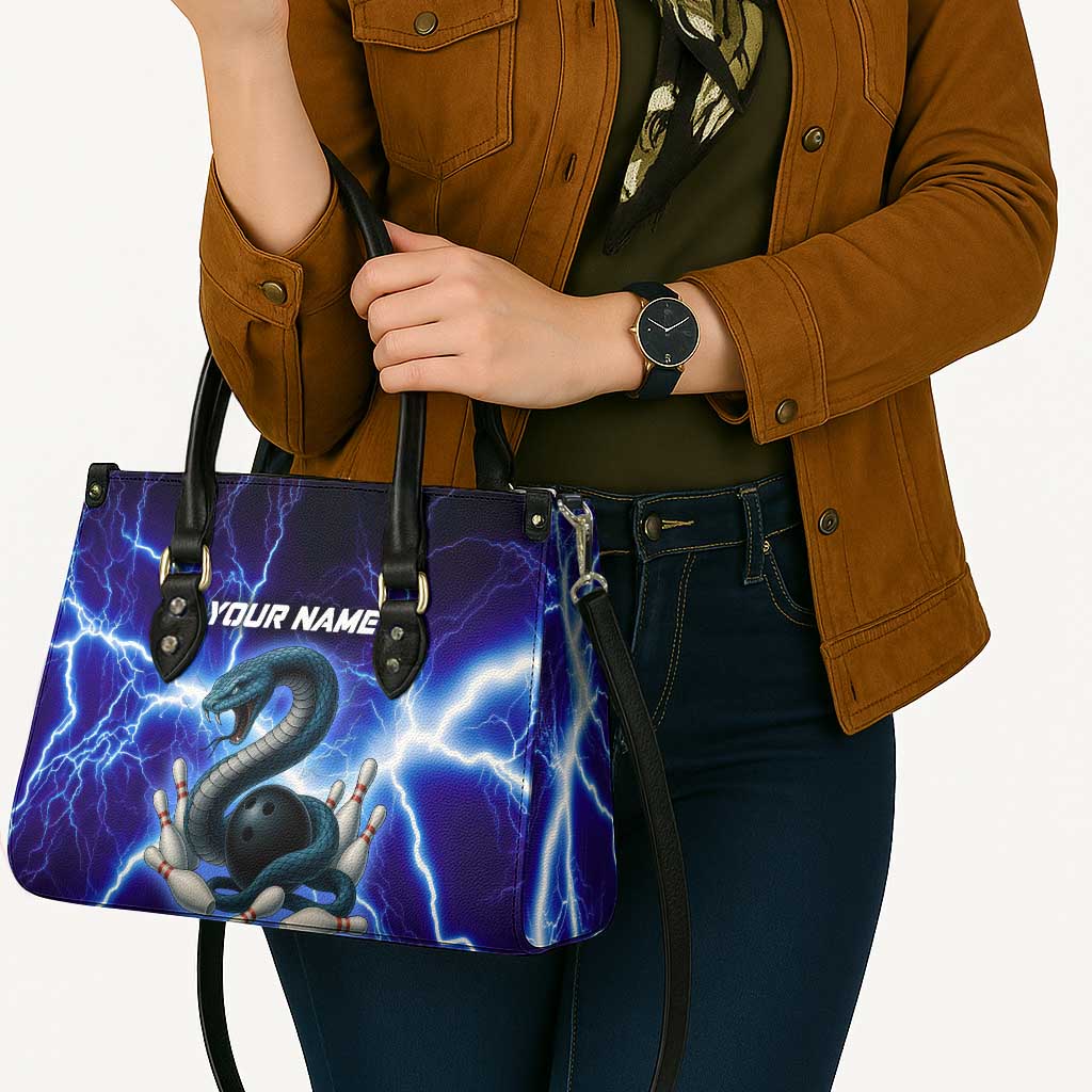 Snake and Bowling Ball Design Leather Bag with Lightning Background and Custom Team Name Text - Wonder Print Shop