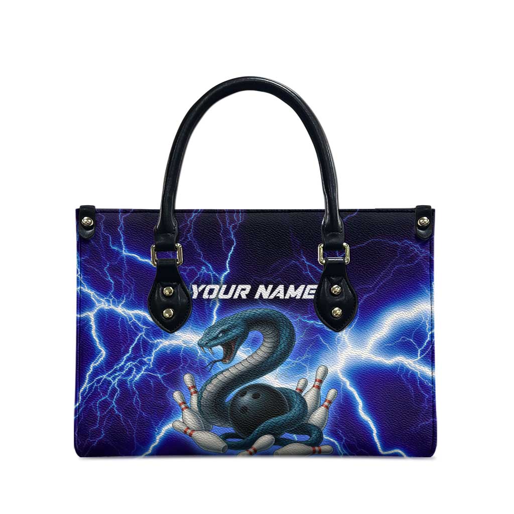 Snake and Bowling Ball Design Leather Bag with Lightning Background and Custom Team Name Text - Wonder Print Shop