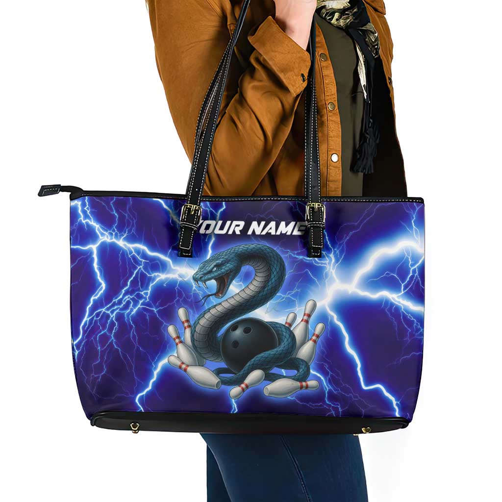 Snake and Bowling Ball Design Leather Tote Bag with Lightning Background and Custom Team Name Text - Wonder Print Shop