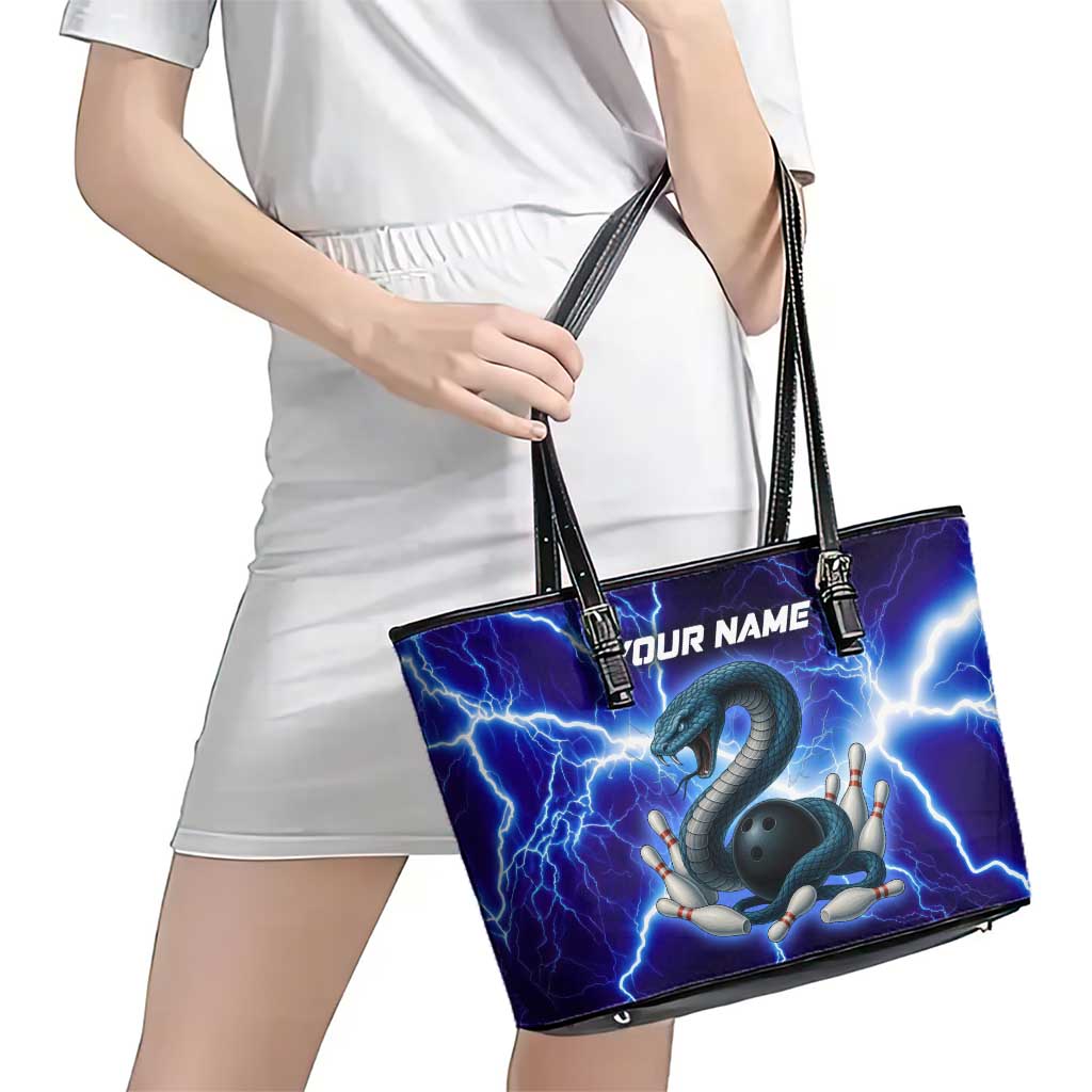 Snake and Bowling Ball Design Leather Tote Bag with Lightning Background and Custom Team Name Text - Wonder Print Shop