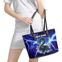 Snake and Bowling Ball Design Leather Tote Bag with Lightning Background and Custom Team Name Text - Wonder Print Shop